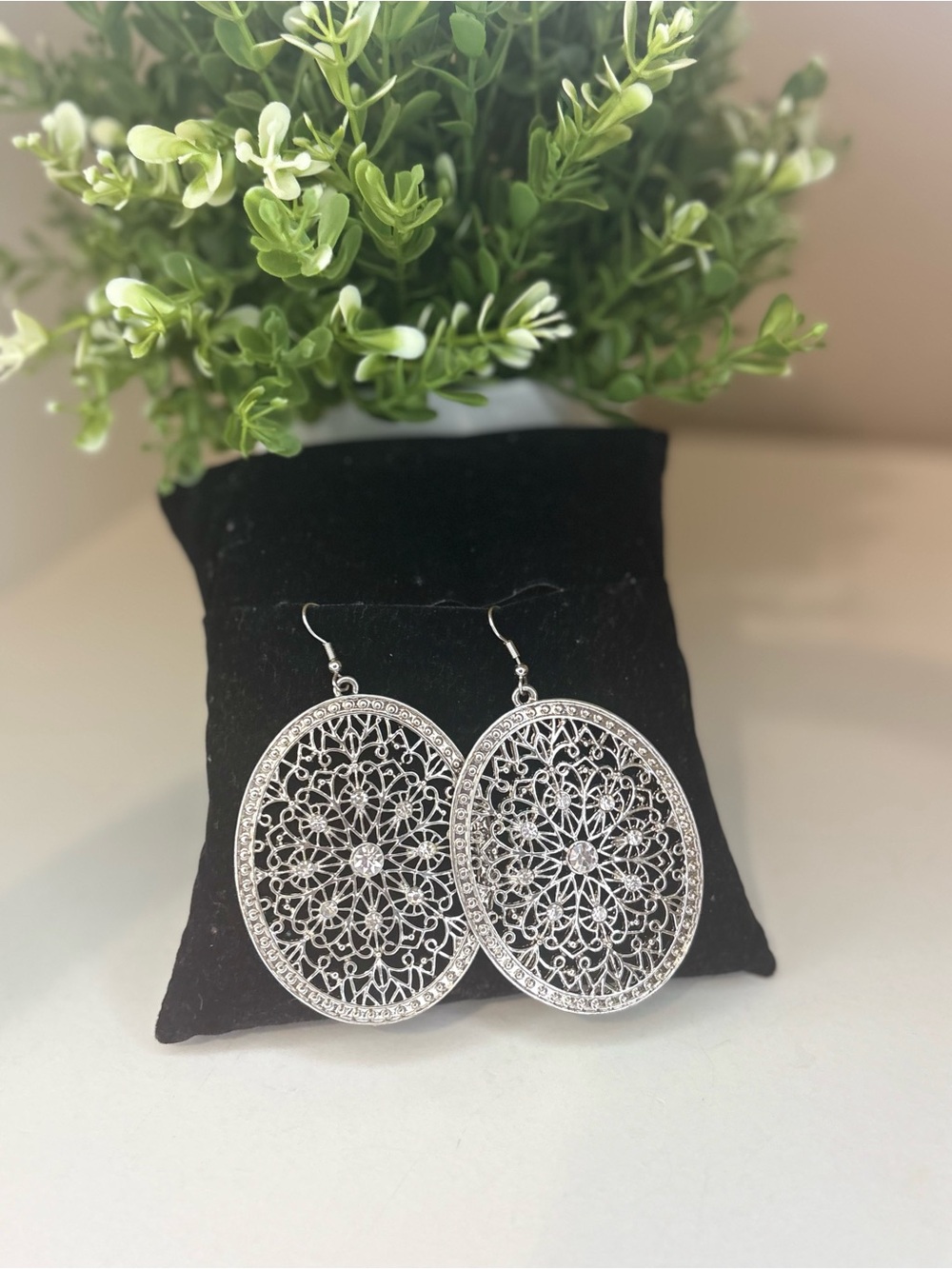 Boho Silver Filigree Mandala Dangle Earrings Rhinestone Statement Lightweight!!